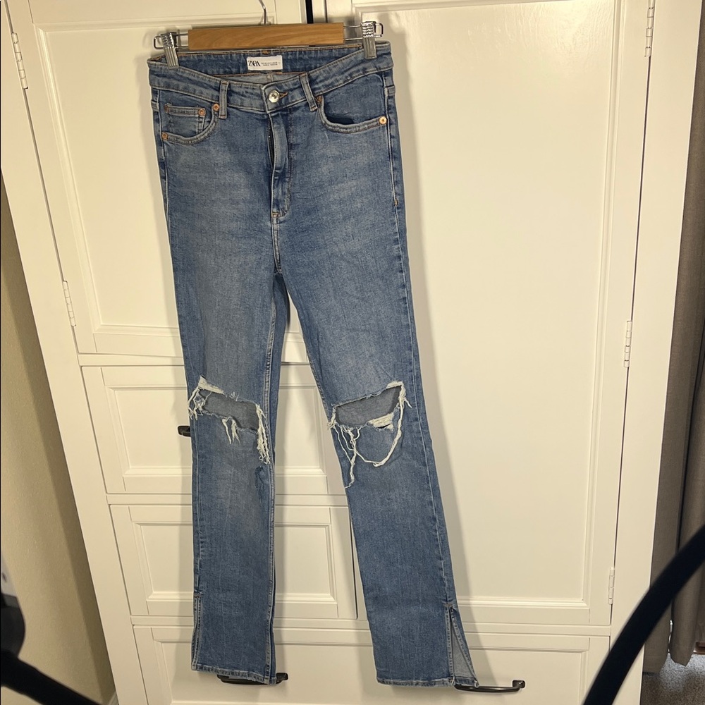 Zara Blue Distressed Flare Jeans